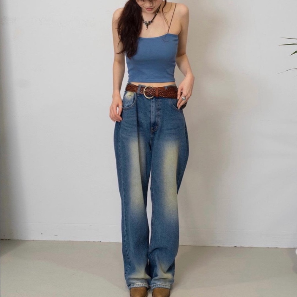 High rise vintage washing wide leg jean